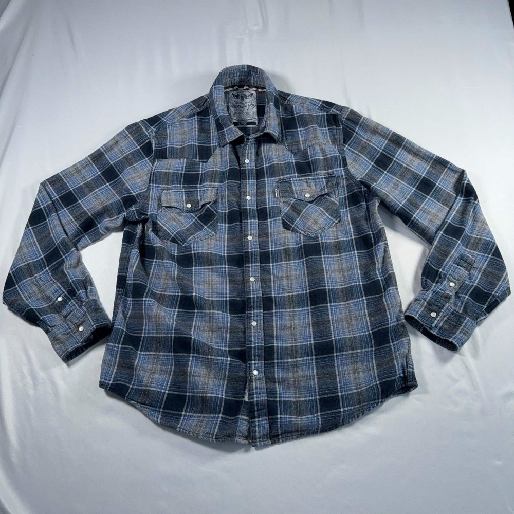 Levi's Western Pearl Snap Flannel Shirt Blue Plaid Mens Large Two Horse Brand